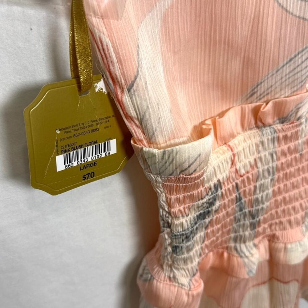 Ryegrass NWT Floral High Neck Smocked Peach Peplum Blouse Women’s Large - Picture 7 of 8